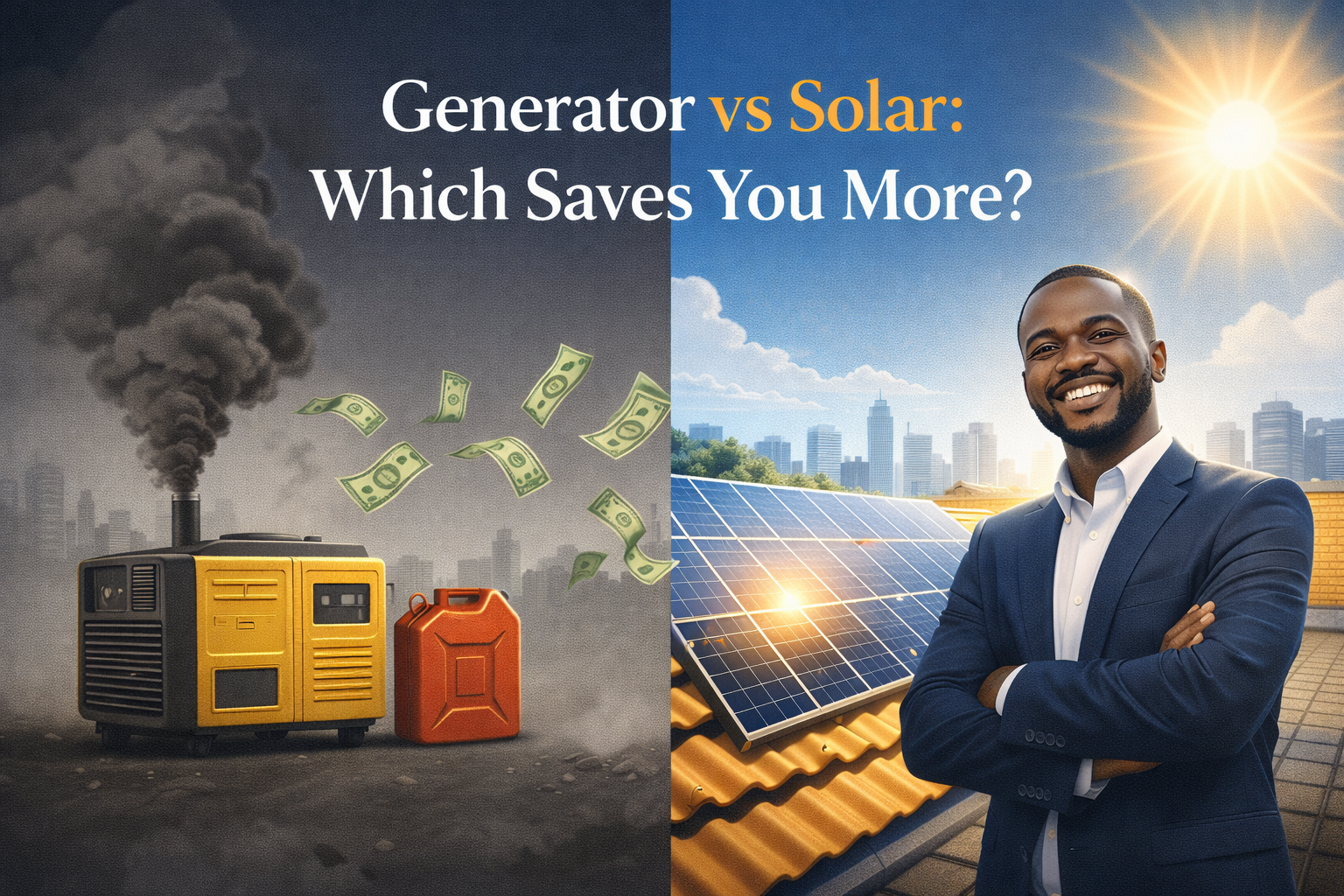 Generator vs solar cost comparison in Lagos showing diesel generator expenses on one side and solar panel savings on the other for Nigerian businesses