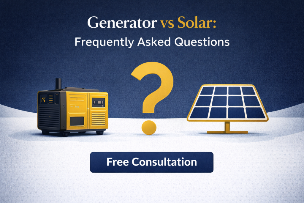 Generator vs solar savings Lagos FAQ page with answers about diesel costs, solar payback period, and free consultation from Golden Paradigm Energy