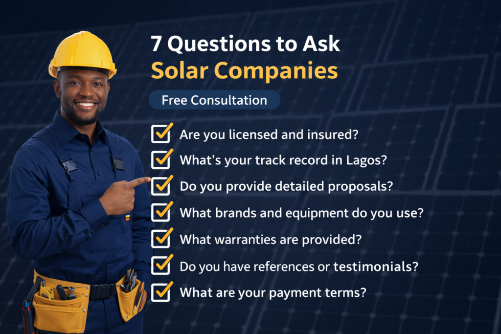 Solar companies Lagos checklist FAQ page with 7 critical questions to ask before hiring including free consultation, proper sizing, quality equipment, and warranty from Golden Paradigm Energy on SolarEra.ng