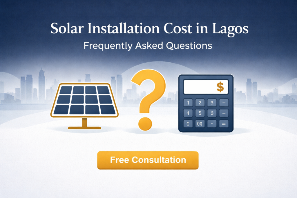 Solar installation cost in Lagos frequently asked questions page from Golden Paradigm Energy with answers about pricing, system sizes, and free consultation