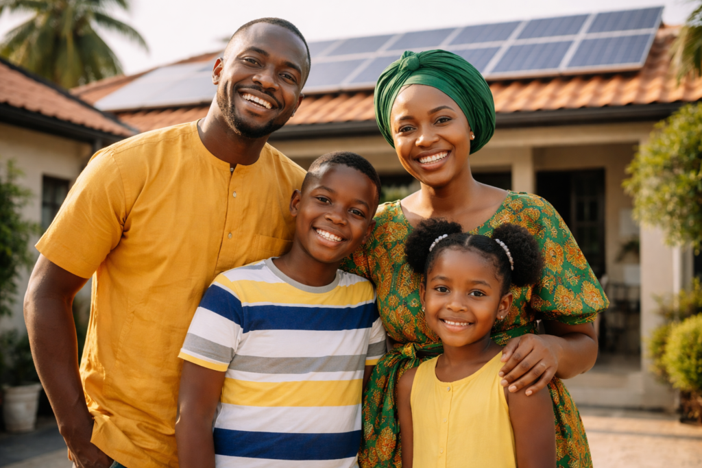 Happy Lagos homeowner standing outside his home with solar panels on the roof after affordable solar installation from Golden Paradigm Energy in Ikeja Lagos