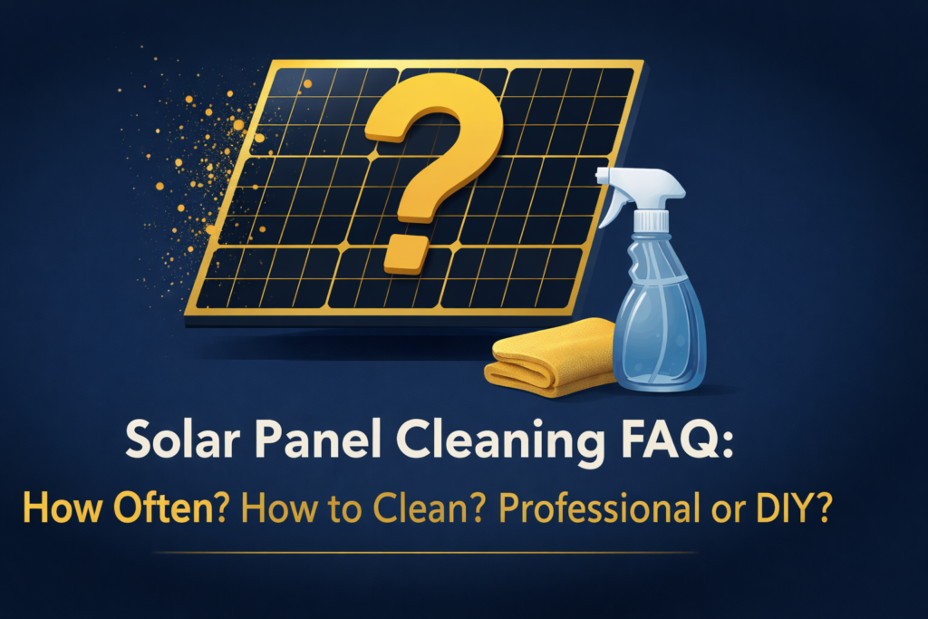 Solar panel cleaning in Lagos FAQ page with answers about dust effects, cleaning frequency, professional vs DIY methods, and maintenance schedules from Golden Paradigm Energy