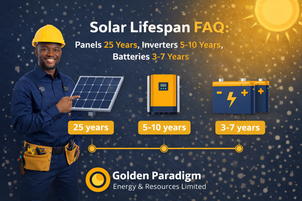 Solar panel lifespan in Lagos Nigeria FAQ page with answers about panels lasting 25 years, inverters 5-10 years, and batteries 3-7 years under Nigerian heat and dust conditions from Golden Paradigm Energy